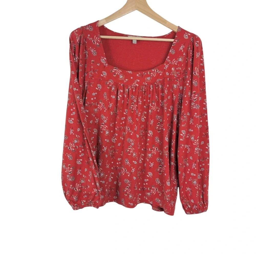 Lucky Brand Peasant Top Square Neck Long Sleeve Orange Floral XL - Picture 3 of 7